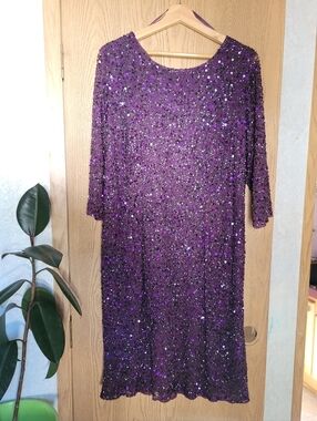 Pisarro Nights Scoop Back Beaded Sequin Dress Size 20W Plum 3/4 Sleeve Cocktail